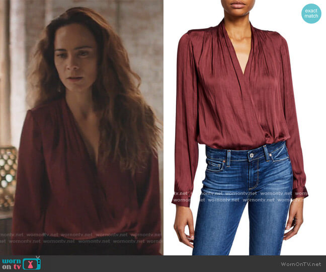 Paige Sevilla Draped Satin Bodysuit worn by Teresa Mendoza (Alice Braga) on Queen of the South