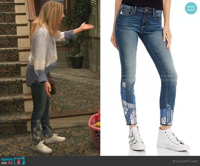 Aqua Patchwork Skinny Jeans worn by Chelsea Grayson (Anneliese van der Pol) on Ravens Home