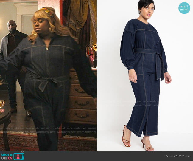 Eloquii Puff Sleeve Denim Jumpsuit worn by Mo (Alex Newell) on Zoeys Extraordinary Playlist