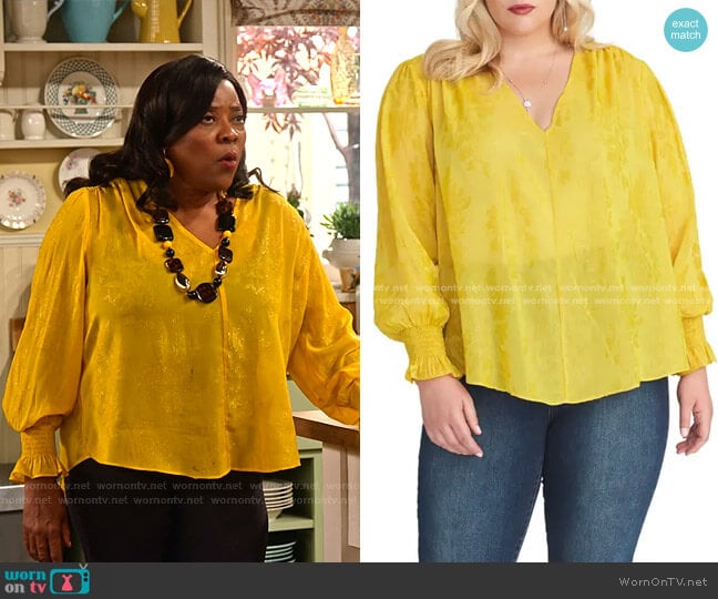 RACHEL Rachel Roy Lulu Smocked Cuff Blouse worn by MDear (Loretta Devine) on Family Reunion