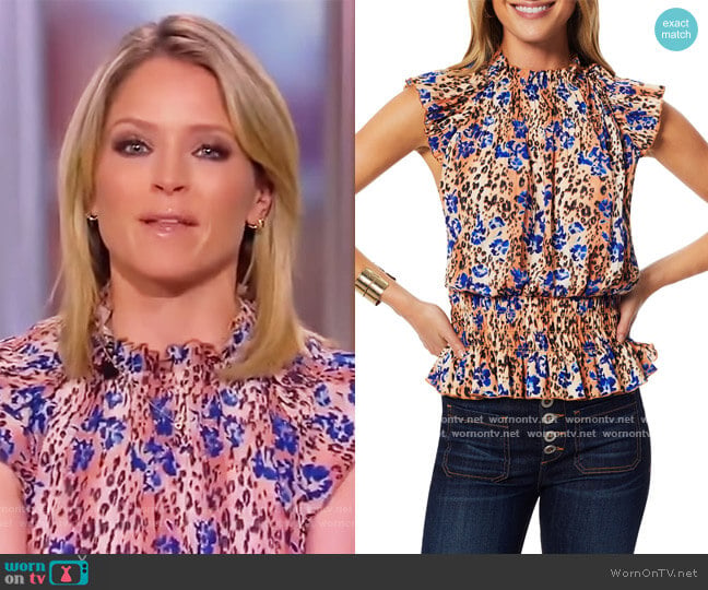 Ramy Brook Amelia Printed Ruffle Blouse worn by Sara Haines on The View