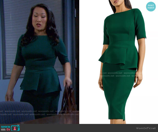 Ted Baker Romolaa Peplum Sheath Dress worn by Melinda Trask (Tina Huang) on Days of our Lives