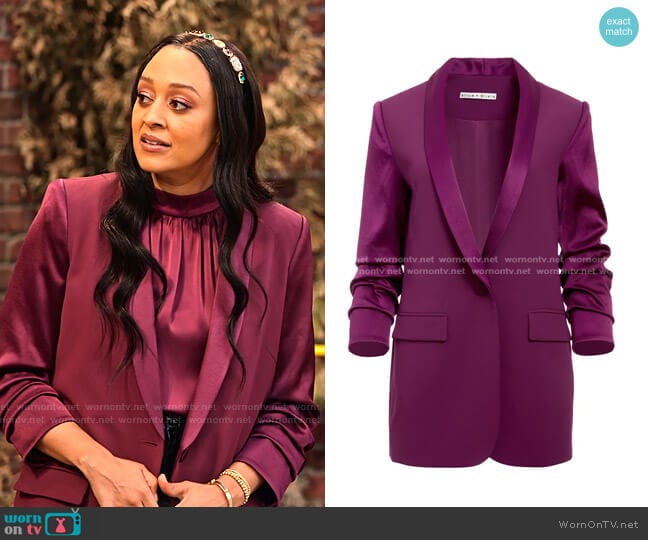 Alice + Olivia Ronnie Scrunched Sleeve Blazer worn by Cocoa McKellan (Tia Mowry-Hardrict) on Family Reunion