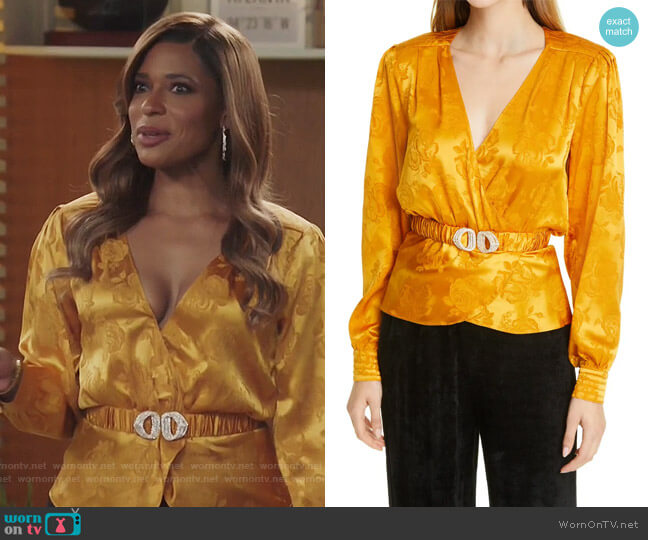 Ronny Kobo Lorrie Belted Silk Blend Jacquard Blouse worn by Mika (Kimrie Lewis) on Kenan