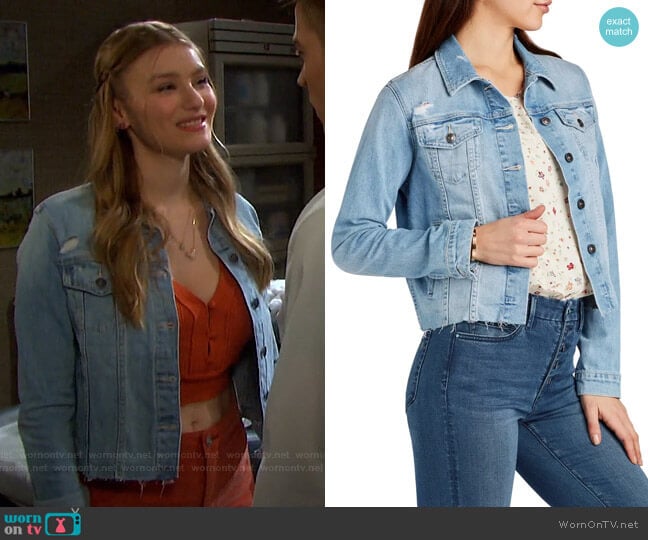 Sam Edelman The Janis Crop Denim Trucker Jacket worn by Alice Caroline Horton (Lindsay Arnold) on Days of our Lives