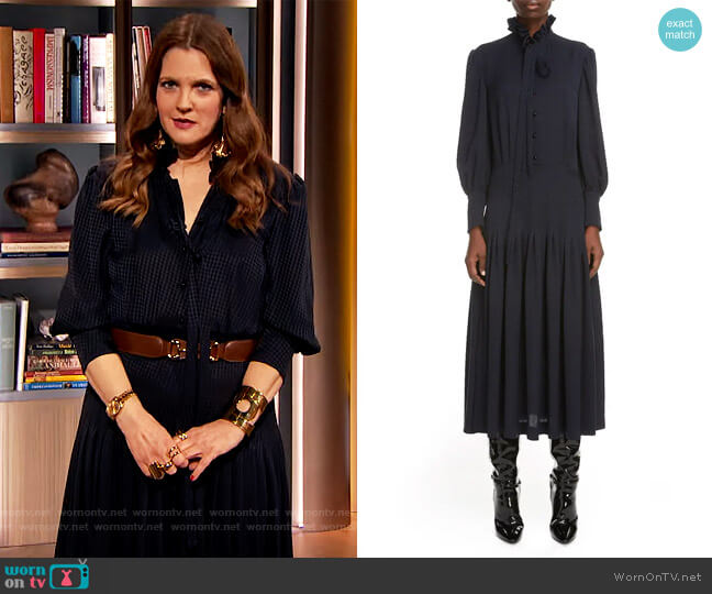 Saint Laurent Houndstooth Jacquard Long Sleeve Midi Dress worn by Drew Barrymore on The Drew Barrymore Show