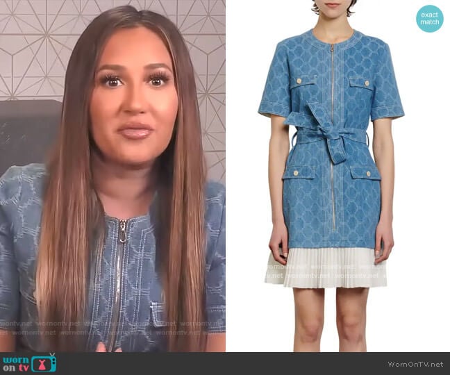 Sandro Kayle Medallion Jacquard Ruffle Hem Denim Minidress worn by Adrienne Houghton on The Real