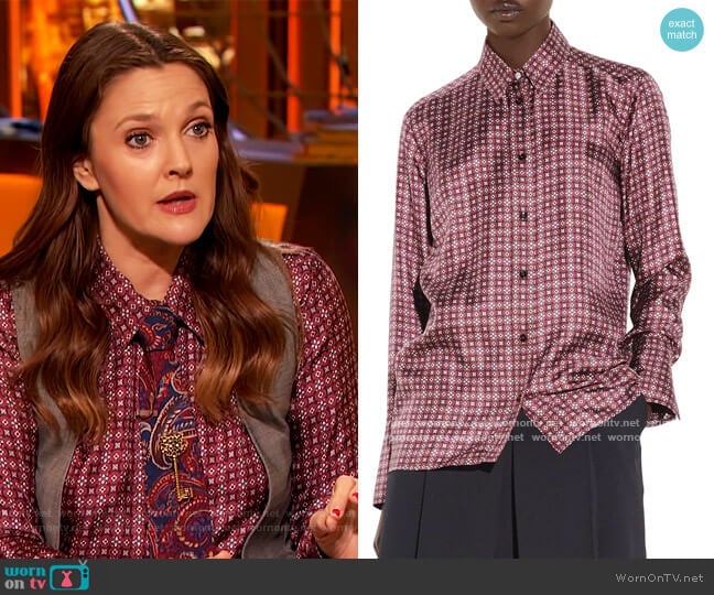 Sandro Thia Printed Silk Shirt worn by Drew Barrymore on The Drew Barrymore Show