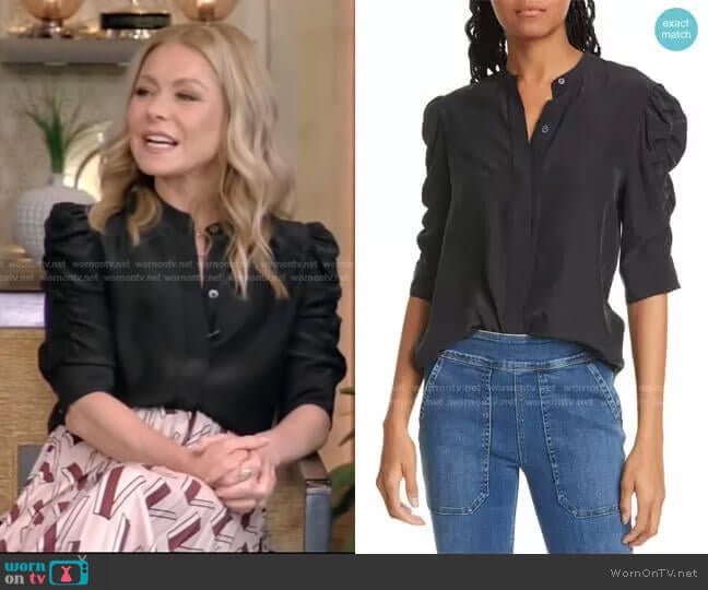 Frame Shirred Sleeve Silk Blouse worn by Kelly Ripa on Live with Kelly and Mark