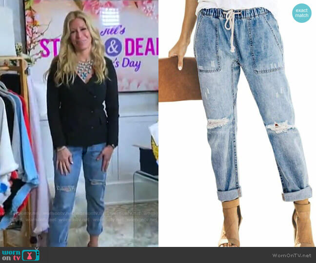Sidefeel Pull-on Distressed Denim Joggers Elastic Waist Stretch Pants worn by Jill Martin on Today