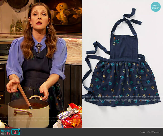 Anthropologie Stacia Embroidered Indigo Apron worn by Drew Barrymore on The Drew Barrymore Show