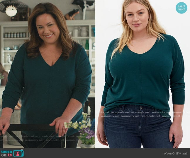 Torrid Teal Drop Shoulder Sweater worn by Katie Otto (Katy Mixon) on American Housewife