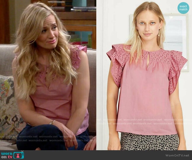A New Day Short Sleeve Eyelet Top worn by Gemma (Beth Behrs) on The Neighborhood