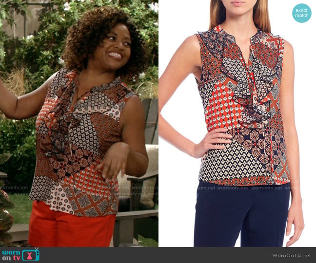 Tommy Hilfiger Patchwork Print Mixed Media Ruffle Detail Sleeveless Top worn by Sharon (Sherri Shepherd) on Call Your Mother