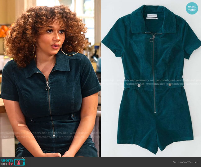 Urban Outfitters Tyson Zip-Front Short Sleeve Romper worn by Jade (Talia Jackson) on Family Reunion