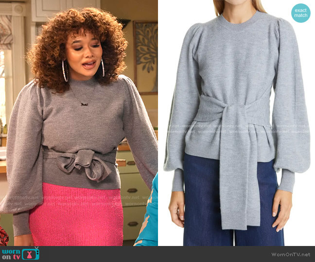 Ulla Johnson Rubi Blouson Sleeve Belted Merino Wool Sweater worn by Jade (Talia Jackson) on Family Reunion