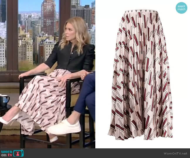 Valentino V-print pleated skirt worn by Kelly Ripa on Live with Kelly and Mark