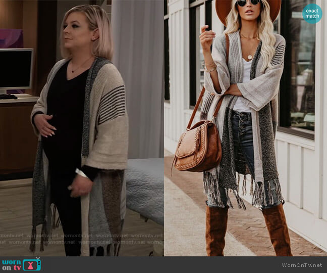 Vici District Fringe Colorblock Cardigan worn by Maxie Jones (Kirsten Storms) on General Hospital