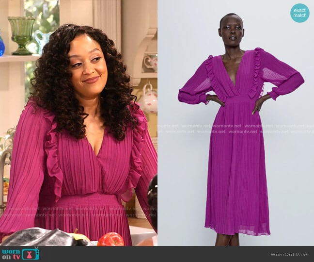 Zara Pleated Dress worn by Cocoa McKellan (Tia Mowry-Hardrict) on Family Reunion