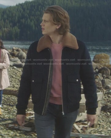 Ace’s navy shearling collar jacket on Nancy Drew