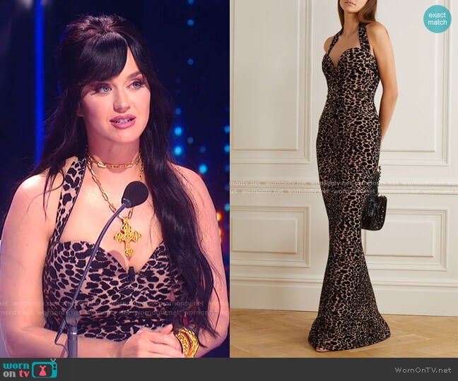 Alaia Leopard Jacquard-Knit Halterneck Gown worn by Katy Perry on American Idol