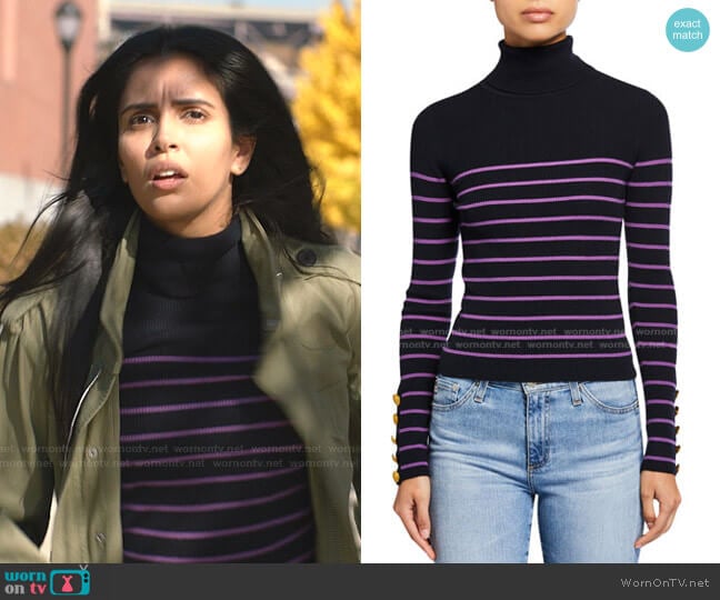 A.L.C. Desi Striped Turtleneck Sweater worn by Saanvi (Parveen Kaur) on Manifest
