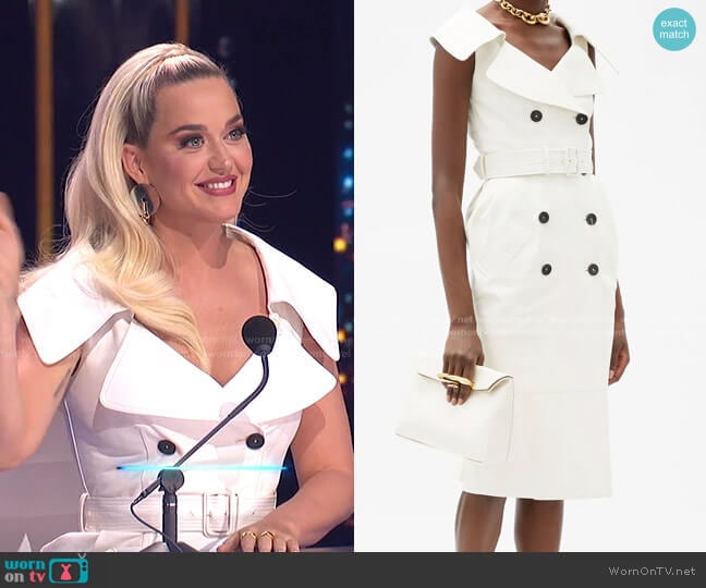 Alexander McQueen Open-Collar Leather Trench Midi Dress worn by Katy Perry on American Idol
