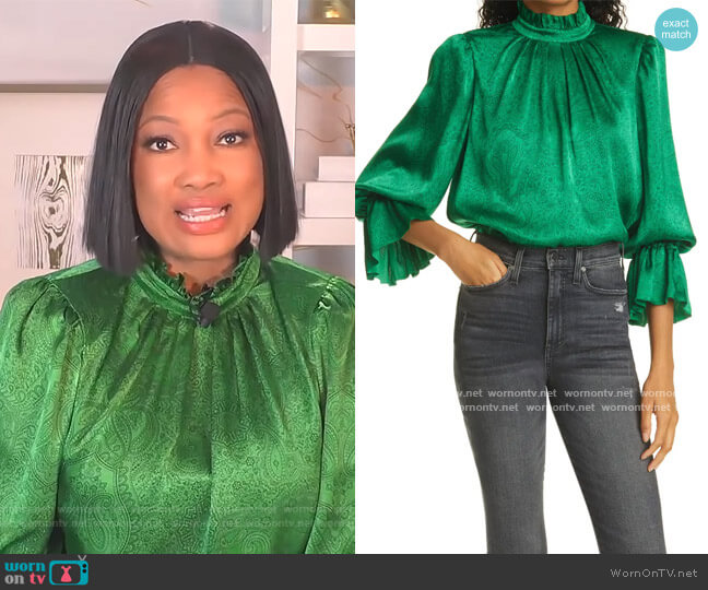 Alice + Olivia Launa Paisley Blouson Sleeve Satin Top worn by Garcelle Beauvais on The Real