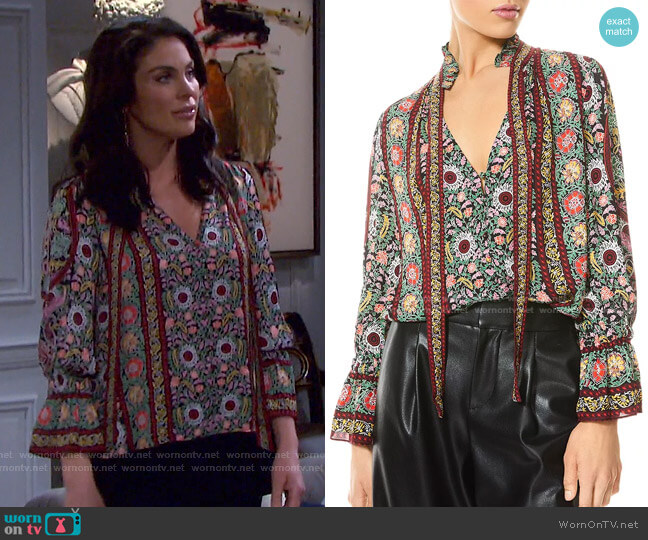 Alice + Olivia Reilly Floral Ruffle Tie Neck Top worn by Chloe Lane (Nadia Bjorlin) on Days of our Lives