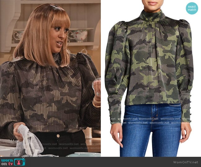 Alice + Olivia Winslet Camo Print Long Cuff Tunic Blouse worn by Cocoa McKellan (Tia Mowry-Hardrict) on Family Reunion