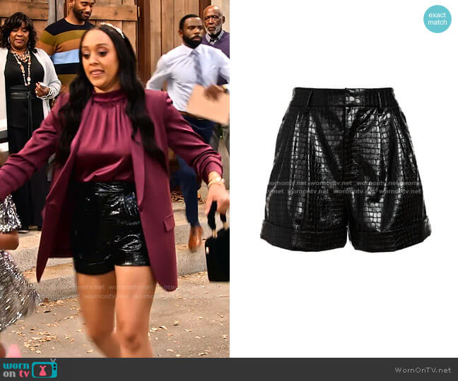 Alice + Olivia Conry Vegan Leather Pleat Cuff Shorts worn by Cocoa McKellan (Tia Mowry-Hardrict) on Family Reunion