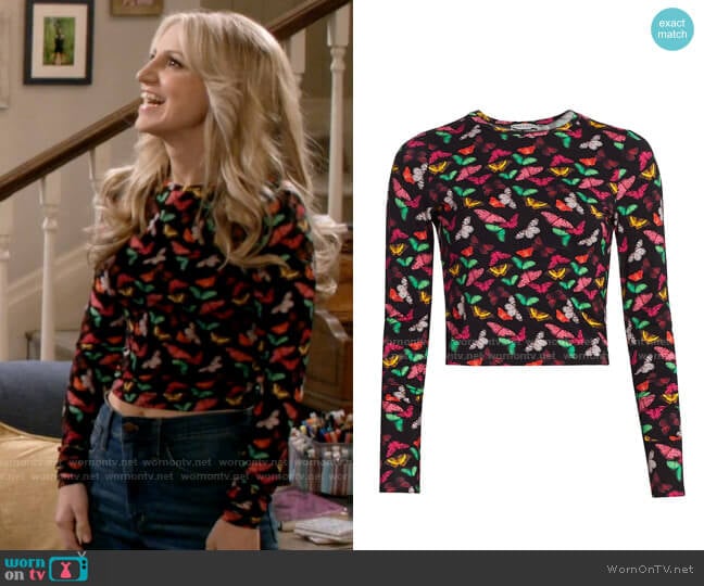 Alice + Olivia Delaina Top in Small Butterflies worn by Gina Dabrowski (Annaleigh Ashford) on B Positive