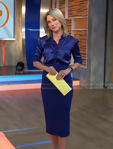 Amy’s blue satin shirt and pencil skirt on Good Morning America