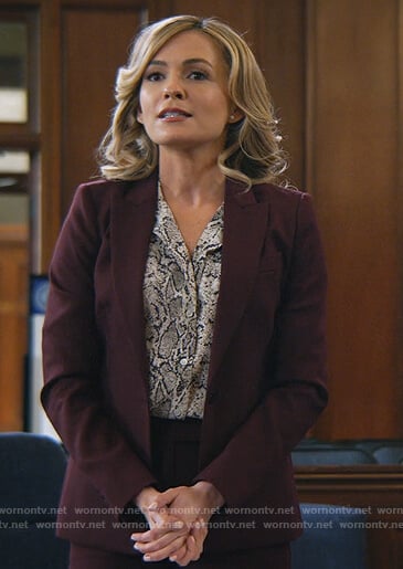 Amy’s snakeskin print blouse and burgundy blazer on All Rise