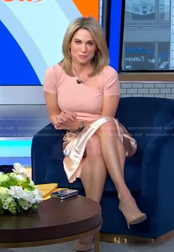 Amy’s pink asymmetric top and satin skirt on Good Morning America