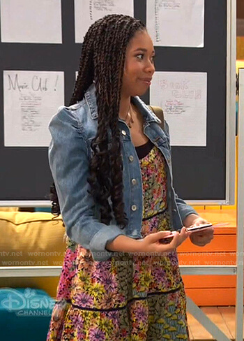 Angelica’s floral mini dress and puff sleeve denim jacket on Ravens Home