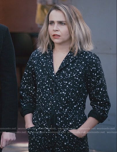 Annie’s black star print jumpsuit on Good Girls