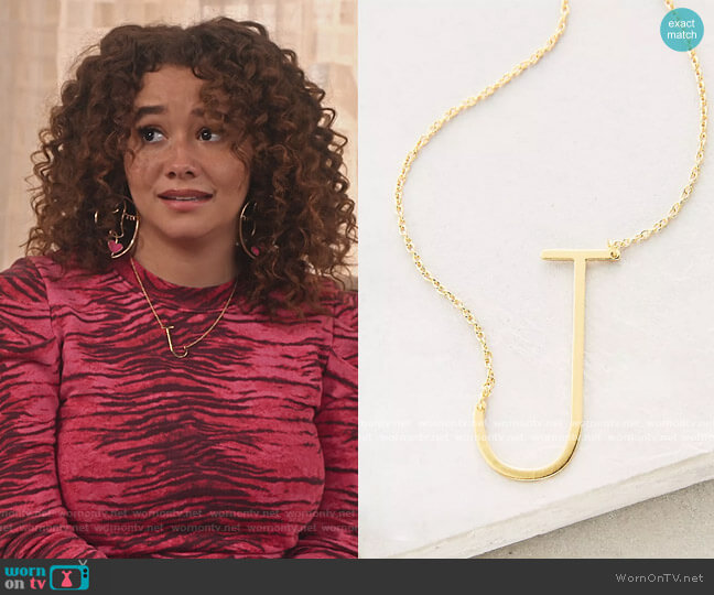 Anthropologie Block Letter Monogram Necklace worn by Jade (Talia Jackson) on Family Reunion