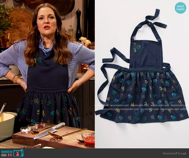Anthropologie Stacia Embroidered Indigo Apron worn by Drew Barrymore on The Drew Barrymore Show