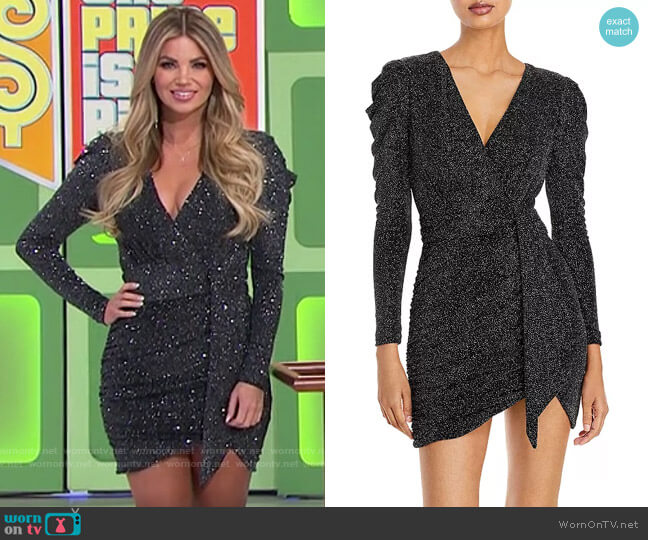 Aqua Metallic Faux Wrap Dress worn by Amber Lancaster on The Price is Right