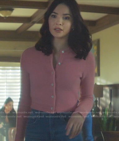 Bess’s pink jewel button cropped cardigan on Nancy Drew
