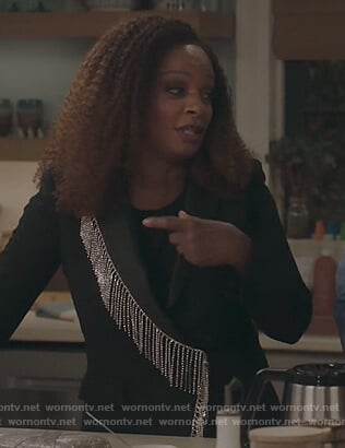 Bobbi’s black embellished fringe blazer on Kenan