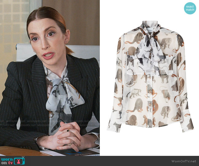 Burberry Monkey Print Silk Pussy-Bow Blouse worn by Lauren (Molly Bernard) on Younger