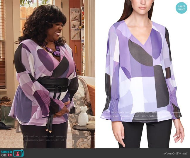 Calvin Klein Pleated-Sleeve Abstract-Print Top worn by MDear (Loretta Devine) on Family Reunion