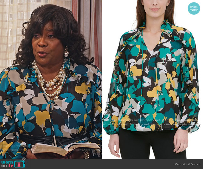 Calvin Klein Ruffle-Sleeve Blouson Top worn by MDear (Loretta Devine) on Family Reunion