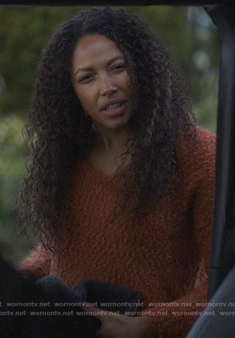 Cassie’s rust brown textured sweater on Big Sky
