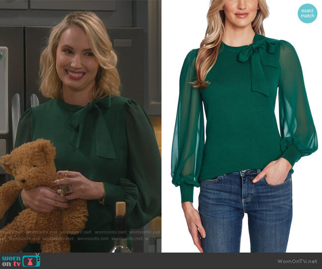 CeCe Mixed-Media Bow Sweater worn by Mandy Baxter (Molly McCook) on Last Man Standing