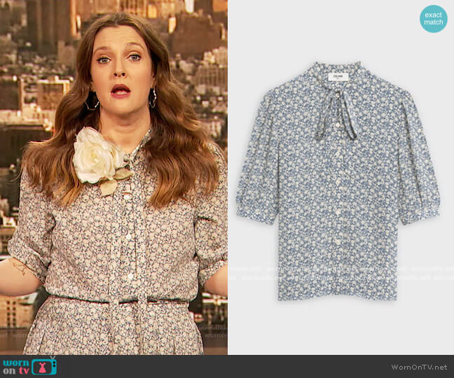 Celine Blouse with Bow in Printed Silk Crepon worn by Drew Barrymore on The Drew Barrymore Show