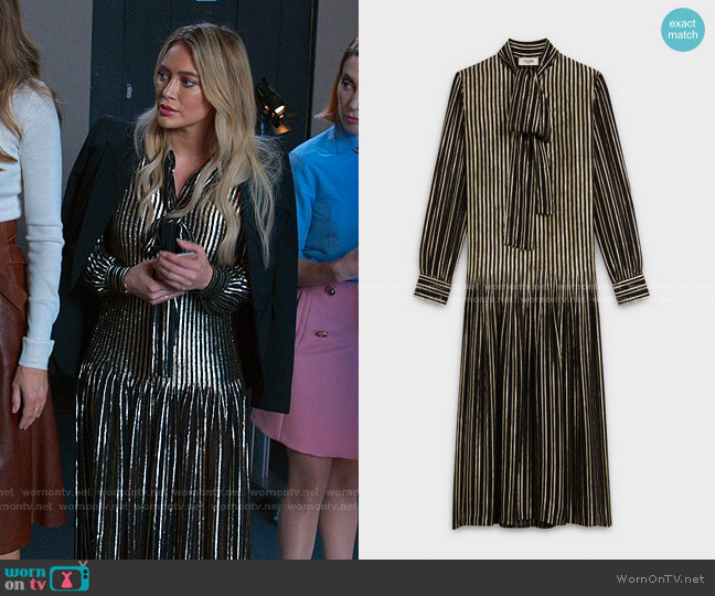 Celine Long Pleated Dress with Lavalliere Collar Silk and Lurex worn by Kelsey Peters (Hilary Duff) on Younger