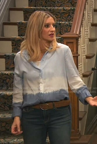 Chelsea’s blue dip dye shirt and patchwork jeans on Ravens Home